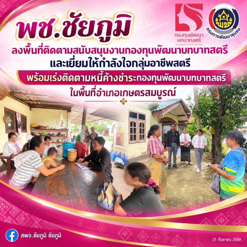พช.ชัยภูมิ ลงพื้นที่ติดตามสนับสนุนงานกองทุนพัฒนาบทบาทสตรี และเยี่ยมให้กำลังใจกลุ่มอาชีพสตรี พร้อมเร่งติดตามหนี้ค้างชำระกองทุนพัฒนาบทบาทสตรี ในพื้นที่อำเภอเกษตรสมบูรณ์