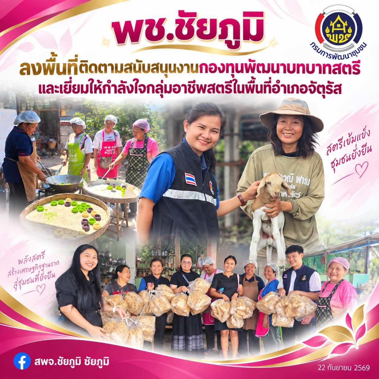 พช.ชัยภูมิ ลงพื้นที่ติดตามสนับสนุนงานกองทุนพัฒนาบทบาทสตรีและเยี่ยมให้กำลังใจกลุ่มอาชีพสตรีในพื้นที่อำเภอจัตุรัส
