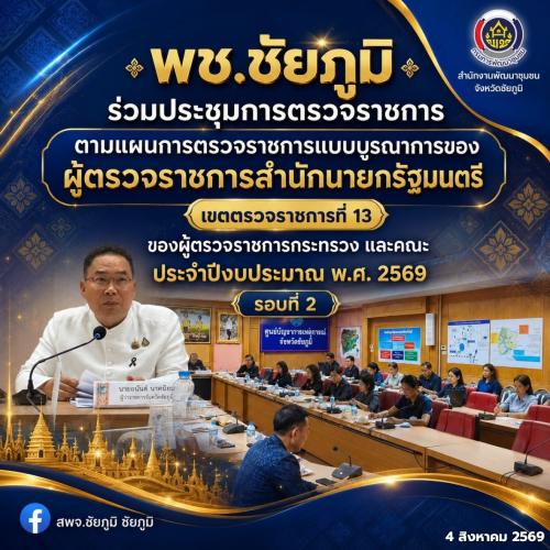 พช.ชัยภูมิ ร่วมประชุมการตรวจราชการตามแผนการตรวจราชการแบบบูรณาการของผู้ตรวจราชการสำนักนายกรัฐมนตรี เขตตรวจราชการที่ 13 ของผู้ตรวจราชการกระทรวง และคณะ ประจำปีงบประมาณ พ.ศ. 2569 รอบที่ 2