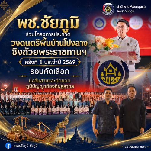 พช.ชัยภูมิ  ร่วมโครงการประกวดวงดนตรีพื้นบ้านโปงลาง ชิงถ้วยพระราชทานฯ ครั้งที่ 1 ประจำปี 2569 รอบคัดเลือก มุ่งสืบสานและต่อยอดภูมิปัญญาท้องถิ่นสู่สากล