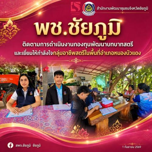 พช.ชัยภูมิ เร่งติดตามหนี้ค้างชำระกองทุนพัฒนาบทบาทสตรี และเยี่ยมให้กำลังใจกลุ่มอาชีพสตรีในพื้นที่อำเภอหนองบัวเเดง