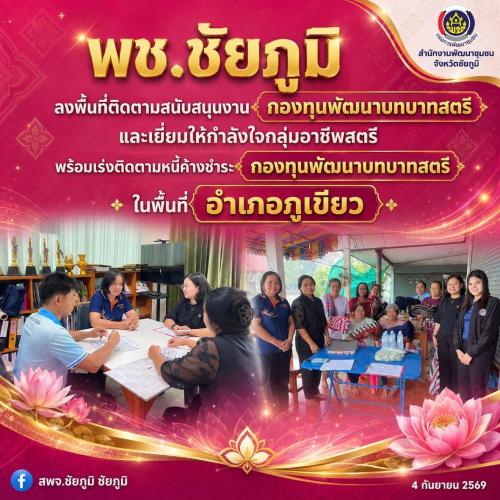 พช.ชัยภูมิ ลงพื้นที่ติดตามสนับสนุนงานกองทุนพัฒนาบทบาทสตรี และเยี่ยมให้กำลังใจกลุ่มอาชีพสตรี พร้อมเร่งติดตามหนี้ค้างชำระกองทุนพัฒนาบทบาทสตรี ในพื้นที่อำเภอภูเขียว