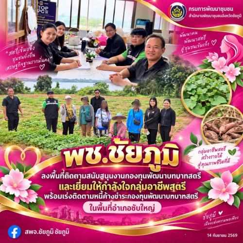 พช.ชัยภูมิ ลงพื้นที่ติดตามสนับสนุนงานกองทุนพัฒนาบทบาทสตรี และเยี่ยมให้กำลังใจกลุ่มอาชีพสตรี พร้อมเร่งติดตามหนี้ค้างชำระกองทุนพัฒนาบทบาทสตรี ในพื้นที่อำเภอซับใหญ่