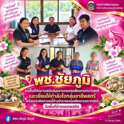 พช.ชัยภูมิ ลงพื้นที่ติดตามสนับสนุนงานกองทุนพัฒนาบทบาทสตรี และเยี่ยมให้กำลังใจกลุ่มอาชีพสตรี พร้อมเร่งติดตามหนี้ค้างชำระกองทุนพัฒนาบทบาทสตรี ในพื้นที่อำเภอเทพสถิต
