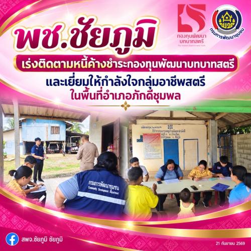 พช.ชัยภูมิ เร่งติดตามหนี้ค้างชำระกองทุนพัฒนาบทบาทสตรี และเยี่ยมให้กำลังใจกลุ่มอาชีพสตรีในพื้นที่อำเภอภักดีชุมพล