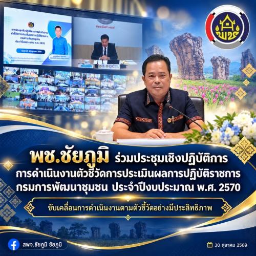 พช.ชัยภูมิ ร่วมประชุมเชิงปฏิบัติการการดำเนินงานตัวชี้วัดการประเมินผลการปฏิบัติราชการ กรมการพัฒนาชุมชน ประจำปีงบประมาณ พ.ศ. 2570